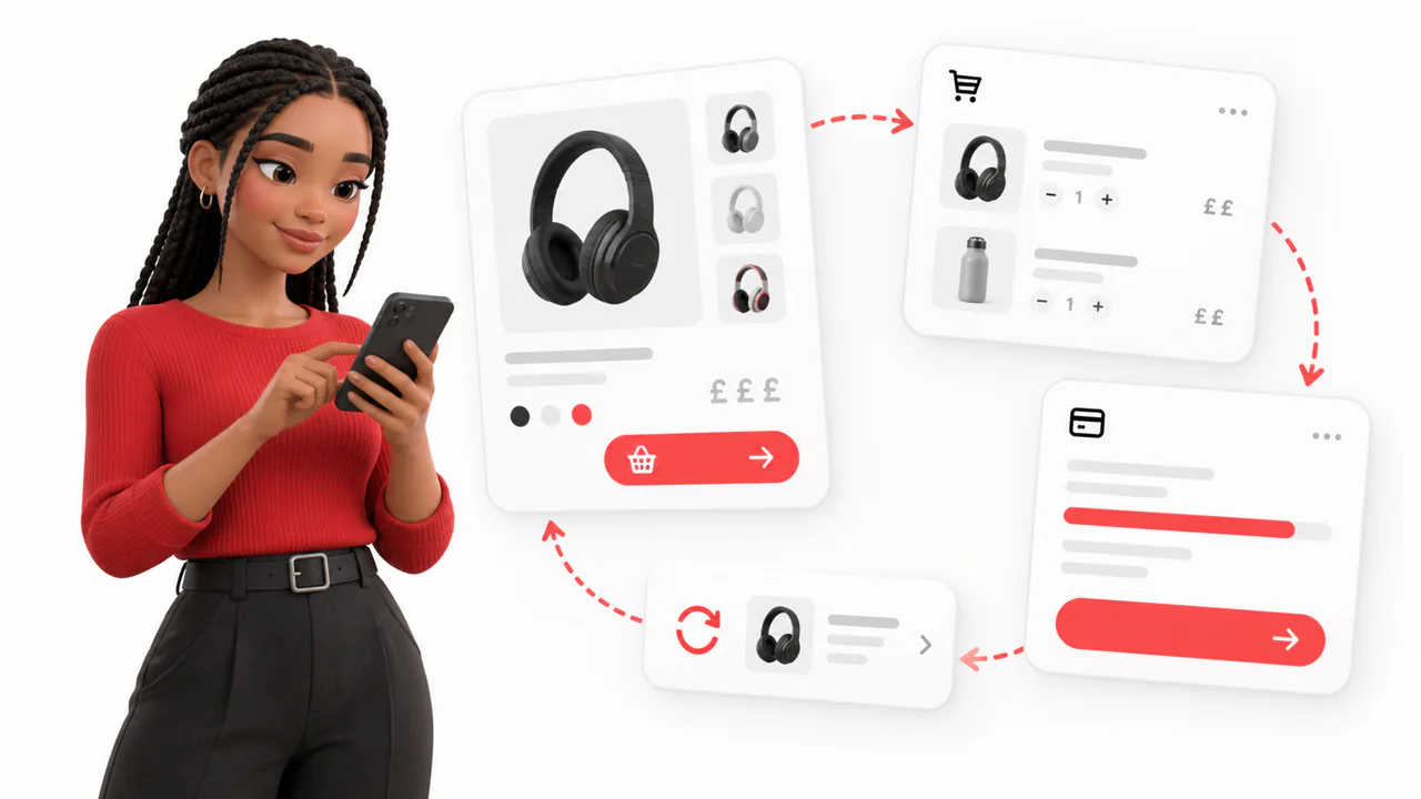 A shopper with a phone beside a product page, a basket, a checkout step and a repeat-order card connected in a returning loop