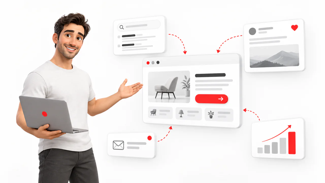 A marketer beside a browser panel, with search, social, email and analytics cards all feeding into it