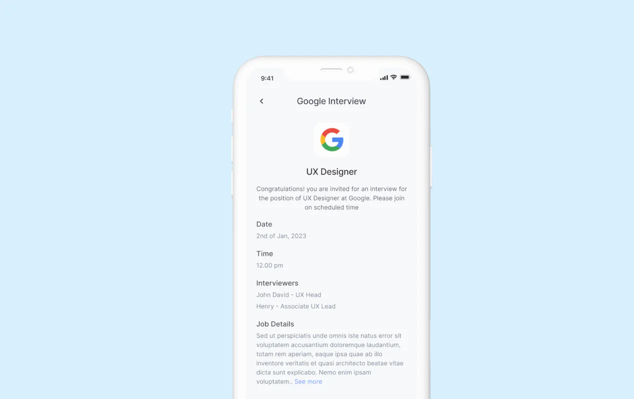 Careerfy interview screen: an invitation to interview for a UX Designer role at Google, with the date, time, interviewers and job details.