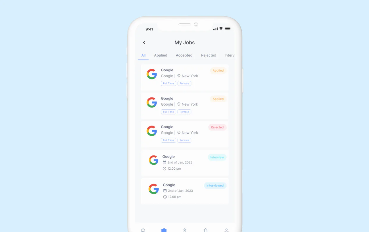 Careerfy “My Jobs” screen tracking applications to Google by status: applied, accepted, rejected and interview.