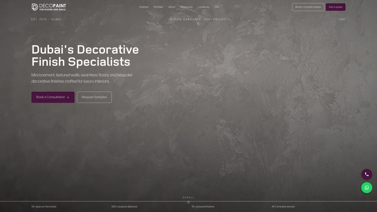The DecoPaint homepage: “Dubai's Decorative Finish Specialists” over a grey hand-trowelled plaster texture, with Book a Consultation and Request Samples buttons and a strip reading 13+ years on the trowel, 500+ projects delivered, 15+ artisanal finishes and all 7 emirates served.