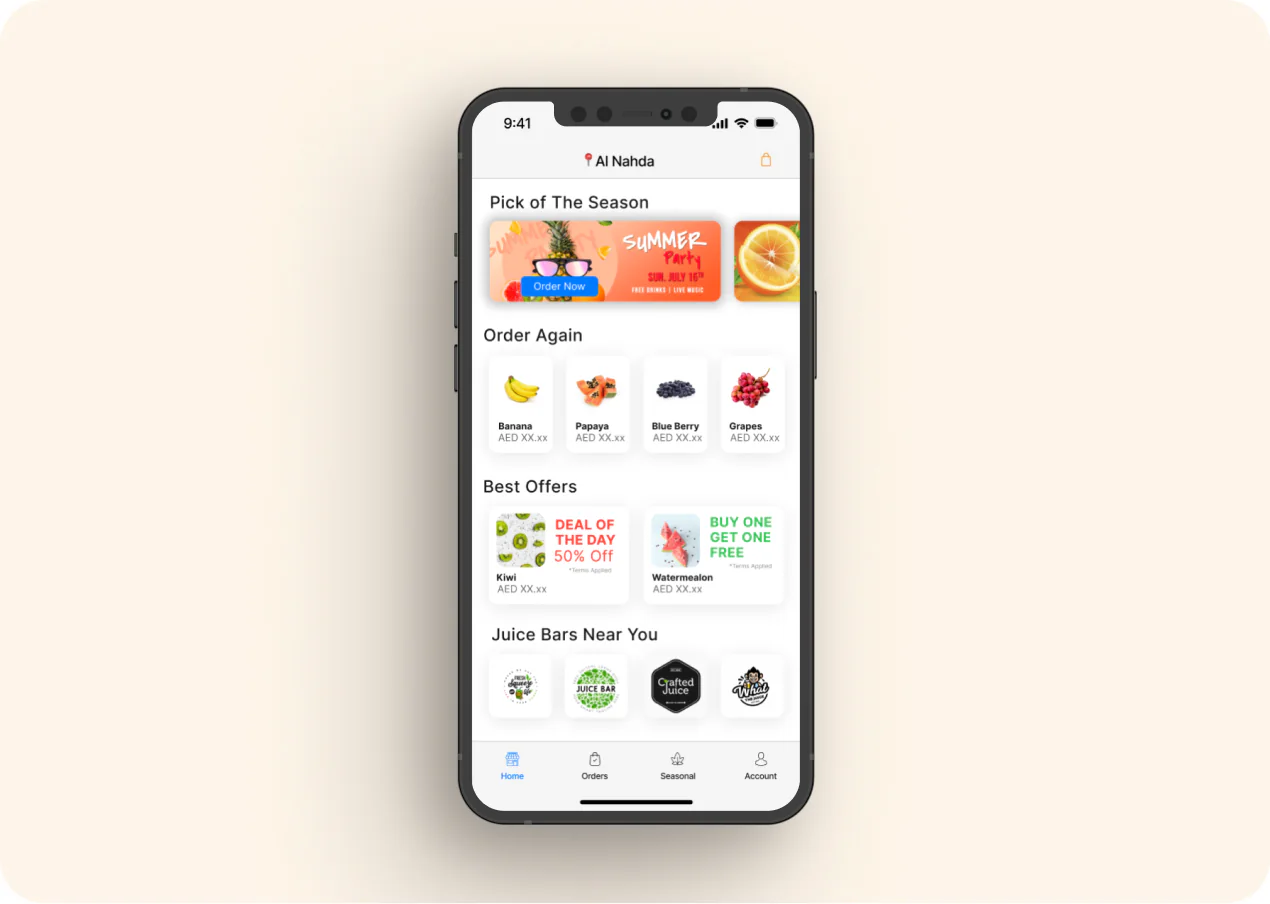 Fruity home screen for Al Nahda: Pick of the Season, Order Again, Best Offers and Juice Bars Near You.