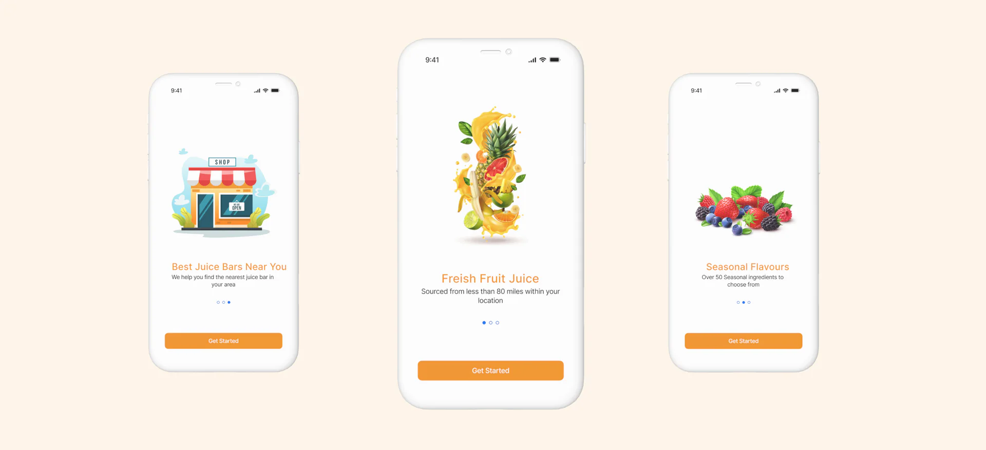 Three Fruity onboarding screens, Best Juice Bars Near You, Fresh Fruit Juice and Seasonal Flavours, each with a Get Started button.