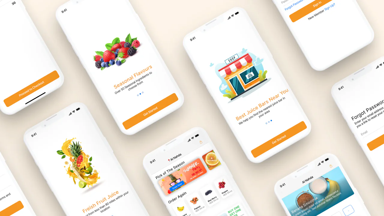 Fruity app screens laid out at an angle on a cream ground: seasonal flavours and fresh fruit juice onboarding, best juice bars near you, the home feed, sign-up and forgot password.