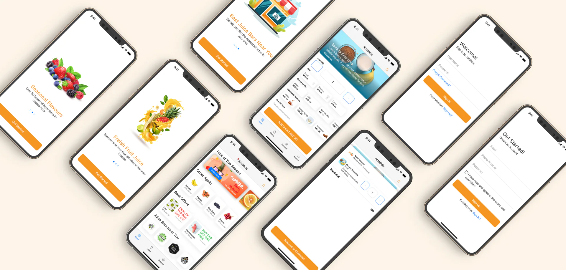 Fruity app screens laid out at an angle on a cream ground: onboarding illustrations, the home feed, a product page, sign-in and sign-up.