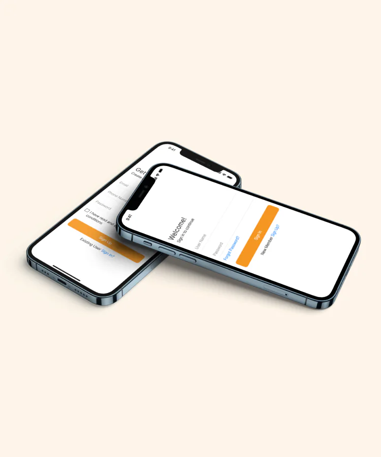 Two iPhones showing Fruity's sign-in and sign-up screens.
