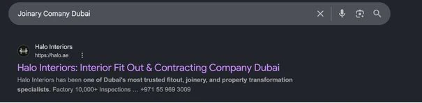 Google search for “Joinery Company Dubai” with Halo Interiors, halo.ae, as the first organic result.
