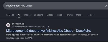 Google search for “Microcement Abu Dhabi” with decopaint.ae's Abu Dhabi location page as the first organic result.