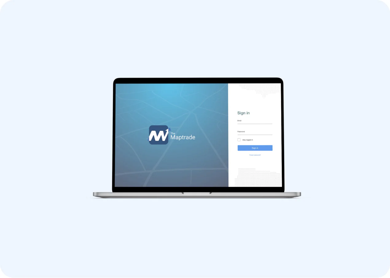 A laptop showing the Maptrade sign-in screen beside its logo on a blue map-line background.